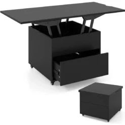 Couchtisch mit Höhenverstellbarer Platte 3-in-1 klappbarer Esstisch mit verstecktem Stauraum Schwarz