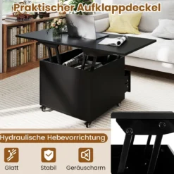 Couchtisch mit Höhenverstellbarer Platte 3-in-1 klappbarer Esstisch mit verstecktem Stauraum Schwarz