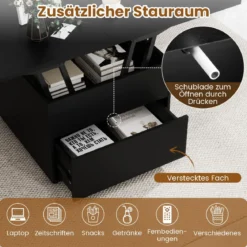 Couchtisch mit Höhenverstellbarer Platte 3-in-1 klappbarer Esstisch mit verstecktem Stauraum Schwarz