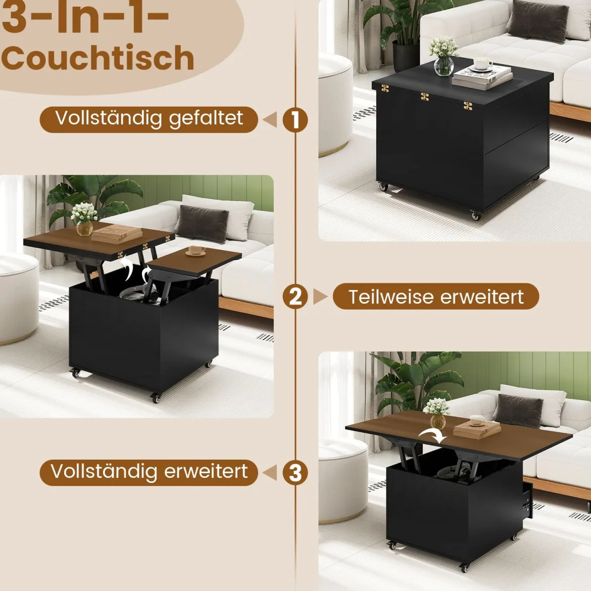 Couchtisch mit Höhenverstellbarer Platte 3-in-1 klappbarer Esstisch mit verstecktem Stauraum Schwarz
