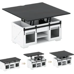 Couchtisch mit höhenverstellbarer Tischplatte 105 cm Landhaus-Center-Tisch mit 2 Schiebetüren Schwarz