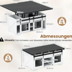 Couchtisch mit höhenverstellbarer Tischplatte 105 cm Landhaus-Center-Tisch mit 2 Schiebetüren Schwarz