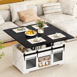 Couchtisch mit höhenverstellbarer Tischplatte 105 cm Landhaus-Center-Tisch mit 2 Schiebetüren Schwarz