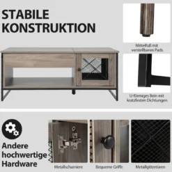 Couchtisch mit Hubplatte Mitteltisch mit Pneumatischer Hebevorrichtung 106 x 55 x 44,5 cm Grau