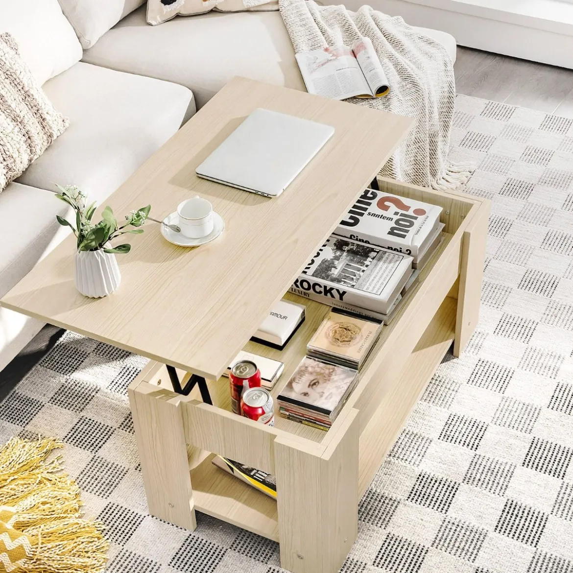 Couchtisch mit Klapp-Schreibtisch & verstecktem Ablagefachaus umweltfreundlichem Material Natur