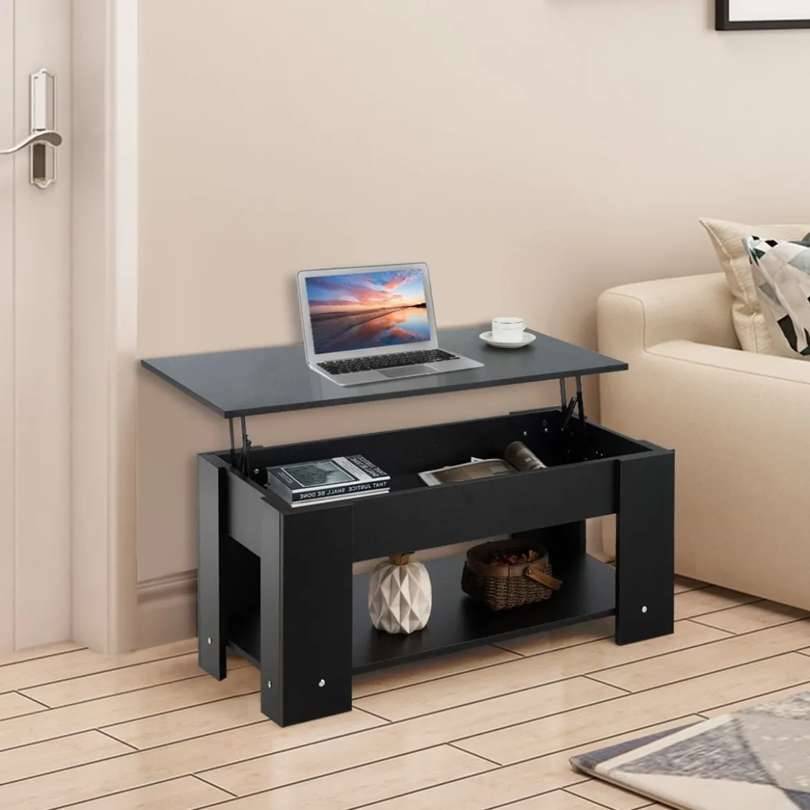 Couchtisch mit Klapp-Schreibtisch moderner Kaffeeschreibtisch 98 x 51 x 42 cm Schwarz