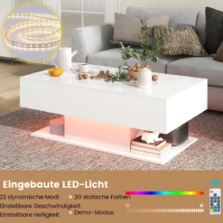 Couchtisch mit LED Beleuchtung Hochglanz 20 Farben Helligkeit einstellbar 110 x 60 x 40 cm Weiß