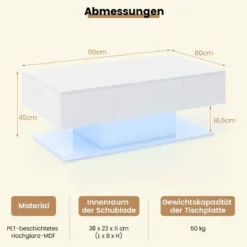 Couchtisch mit LED Beleuchtung Hochglanz 20 Farben Helligkeit einstellbar 110 x 60 x 40 cm Weiß