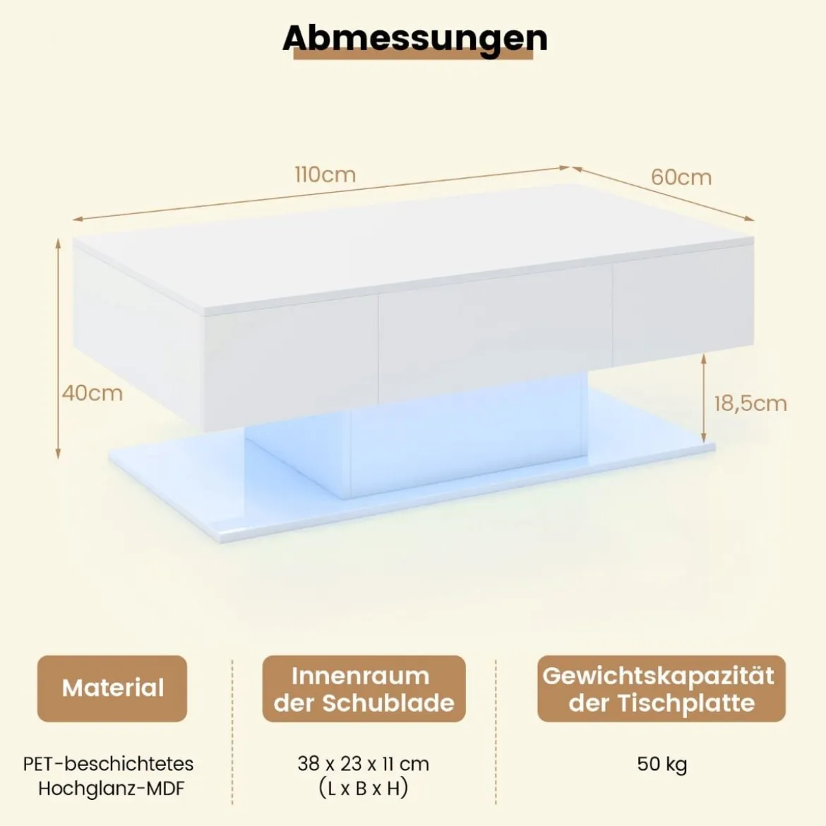 Couchtisch mit LED Beleuchtung Hochglanz 20 Farben Helligkeit einstellbar 110 x 60 x 40 cm Weiß