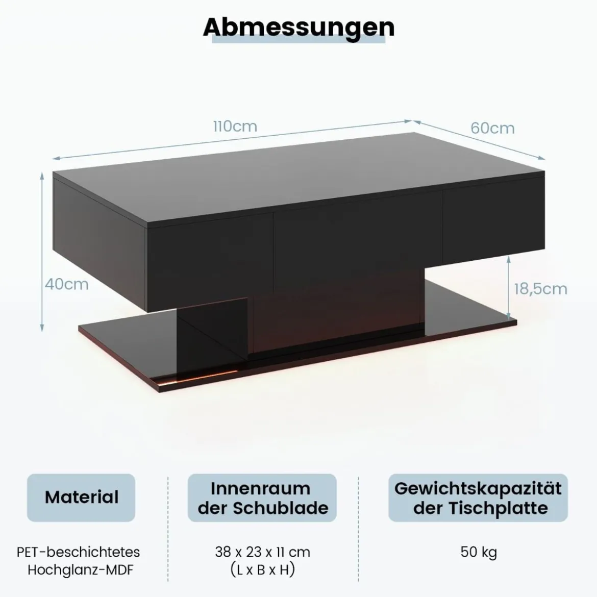 Couchtisch mit LED Beleuchtung Hochglanz 20 Farben Helligkeit einstellbar 110 x 60 x 40 cm Schwarz