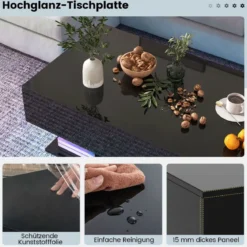 Couchtisch mit LED Beleuchtung Hochglanz 20 Farben Helligkeit einstellbar 110 x 60 x 40 cm Schwarz