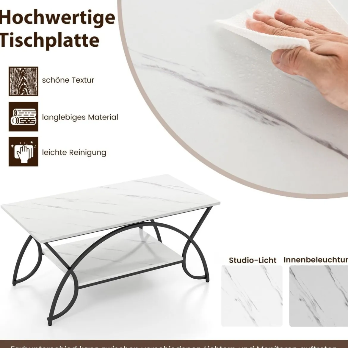 Couchtisch mit Marmoroptik Moderner Sofatisch aus Kunstmarmor 100 x 50 x 45 cm Weiß Schwarz