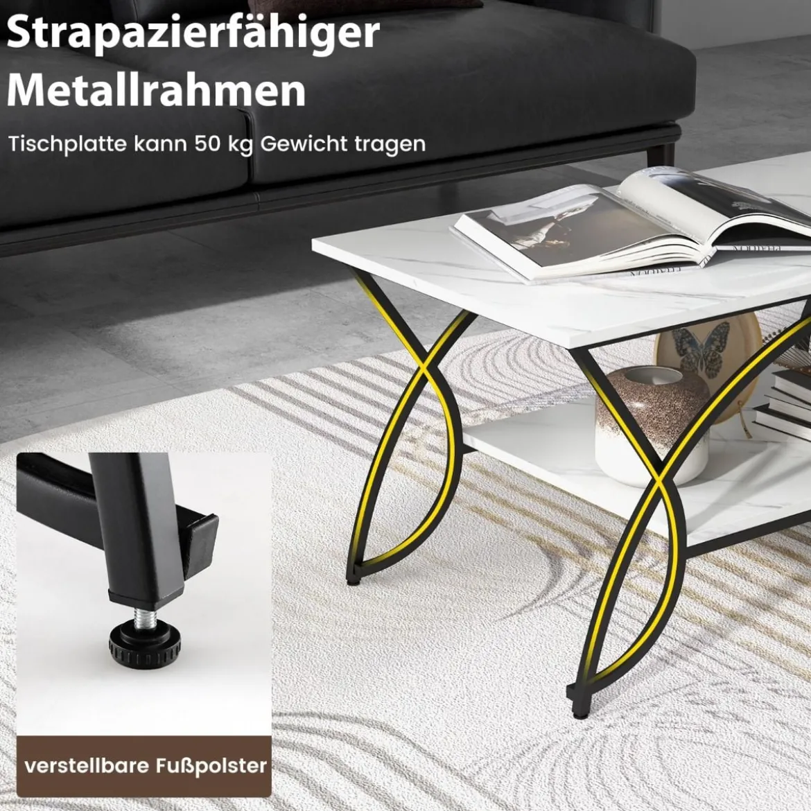 Couchtisch mit Marmoroptik Moderner Sofatisch aus Kunstmarmor 100 x 50 x 45 cm Weiß Schwarz