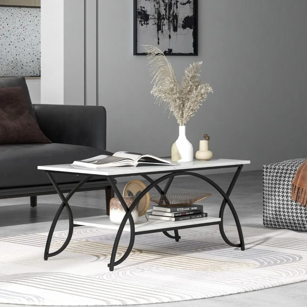Couchtisch mit Marmoroptik Moderner Sofatisch aus Kunstmarmor 100 x 50 x 45 cm Weiß Schwarz