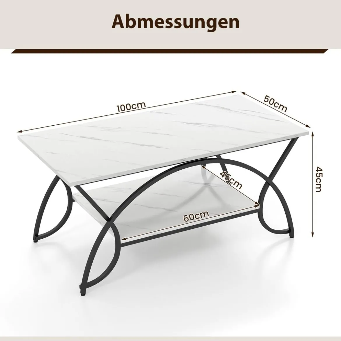 Couchtisch mit Marmoroptik Moderner Sofatisch aus Kunstmarmor 100 x 50 x 45 cm Weiß Schwarz