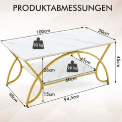 Couchtisch mit Marmoroptik Moderner Sofatisch aus Kunstmarmor 100 x 50 x 45 cm Weiß