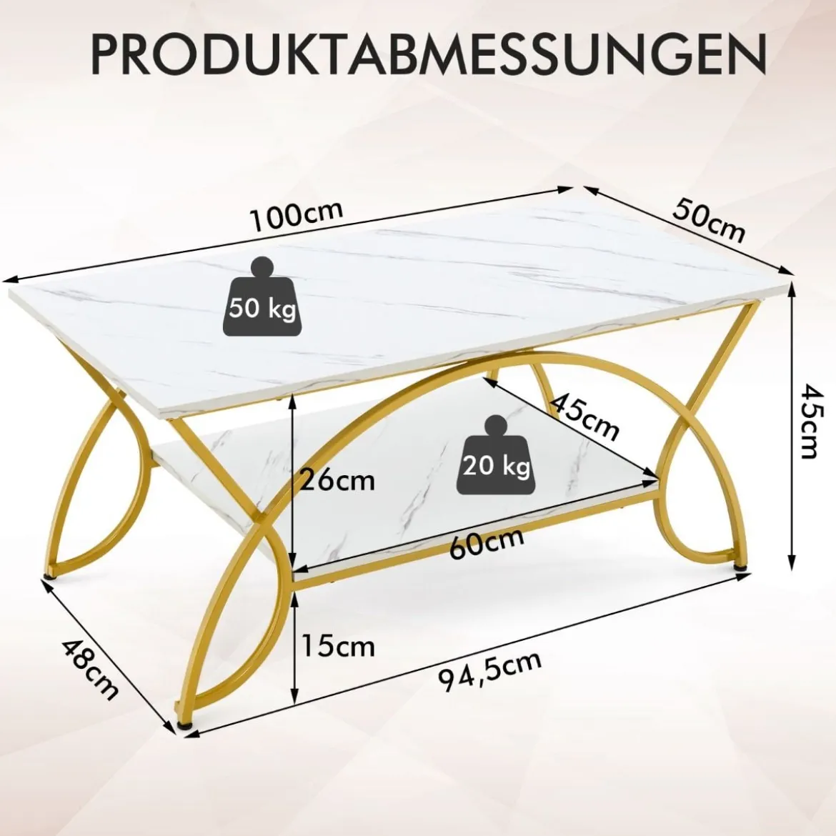 Couchtisch mit Marmoroptik Moderner Sofatisch aus Kunstmarmor 100 x 50 x 45 cm Weiß