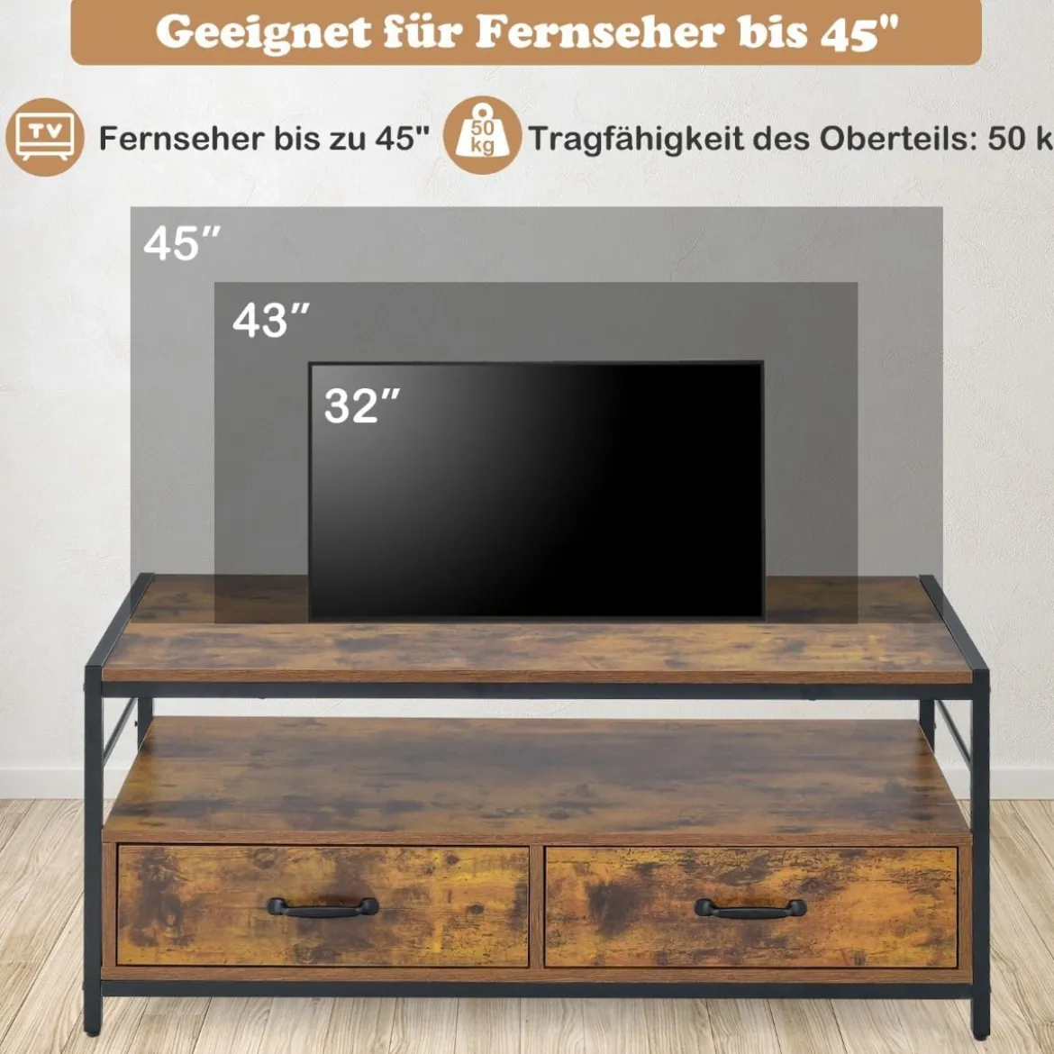 Couchtisch mit 2 Schubladen & Regal Rechteckiger Kaffeetisch für zu Hause 105 x 50 x 45 cm Rustikales Braun