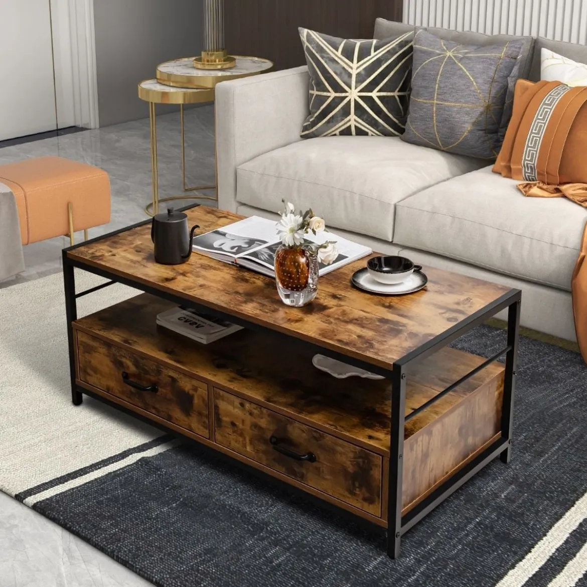 Couchtisch mit 2 Schubladen & Regal Rechteckiger Kaffeetisch für zu Hause 105 x 50 x 45 cm Rustikales Braun