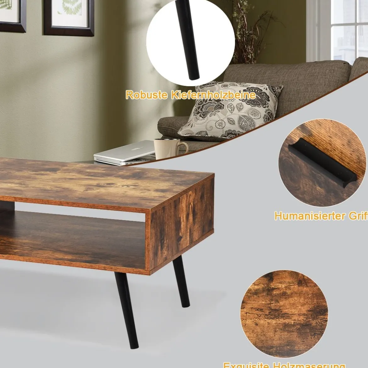 Couchtisch mit Schublade und Stauraum Kaffeetisch Sofatisch aus Holz 109 x 55 x 44,5 cm Braun