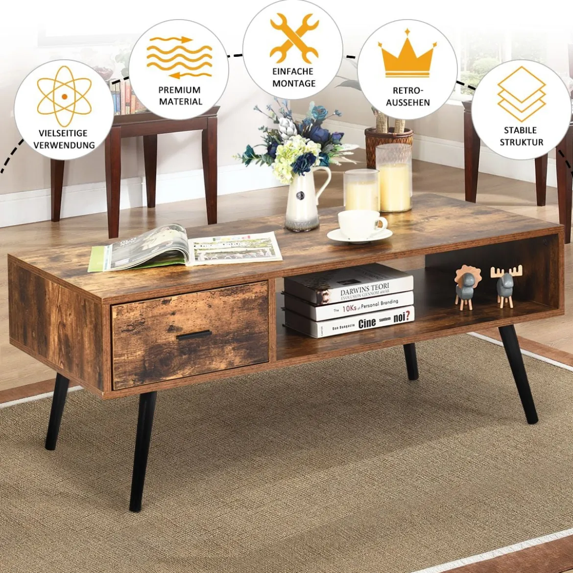 Couchtisch mit Schublade und Stauraum Kaffeetisch Sofatisch aus Holz 109 x 55 x 44,5 cm Braun