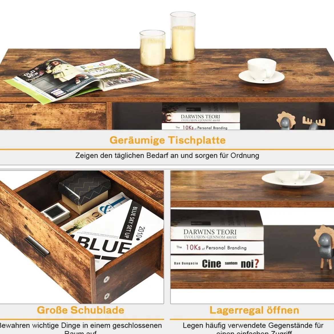 Couchtisch mit Schublade und Stauraum Kaffeetisch Sofatisch aus Holz 109 x 55 x 44,5 cm Braun