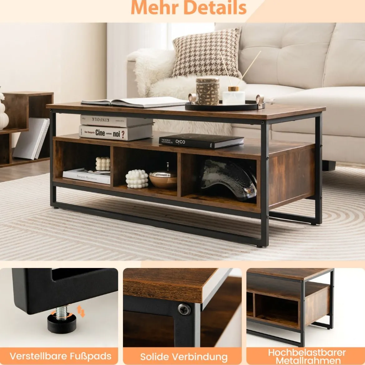 Couchtisch mit Stauraum Industrieller Tisch mit Offenen Regalen 110 x 42,5 x 45 cm Rustikales Braun