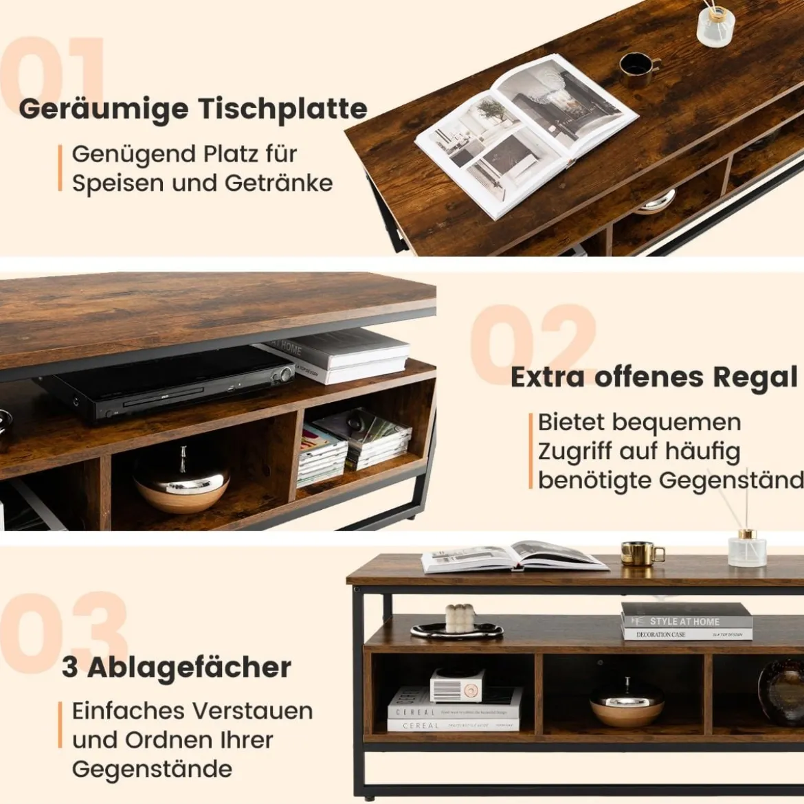 Couchtisch mit Stauraum Industrieller Tisch mit Offenen Regalen 110 x 42,5 x 45 cm Rustikales Braun