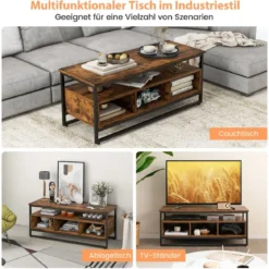 Couchtisch mit Stauraum Industrieller Tisch mit Offenen Regalen 110 x 42,5 x 45 cm Rustikales Braun