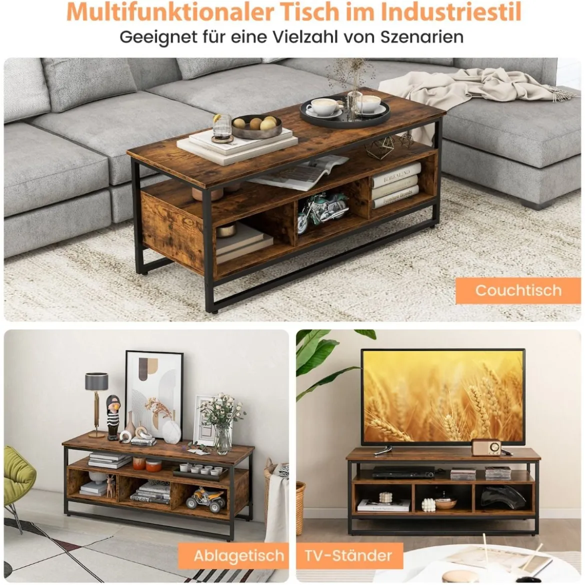 Couchtisch mit Stauraum Industrieller Tisch mit Offenen Regalen 110 x 42,5 x 45 cm Rustikales Braun