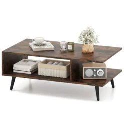 Couchtisch mit Stauraum 2 stufiger Wohnzimmertisch mit offenem Regal & Metallbeinen Beistelltisch aus Holz 80 x 45 x 30 cm Braun