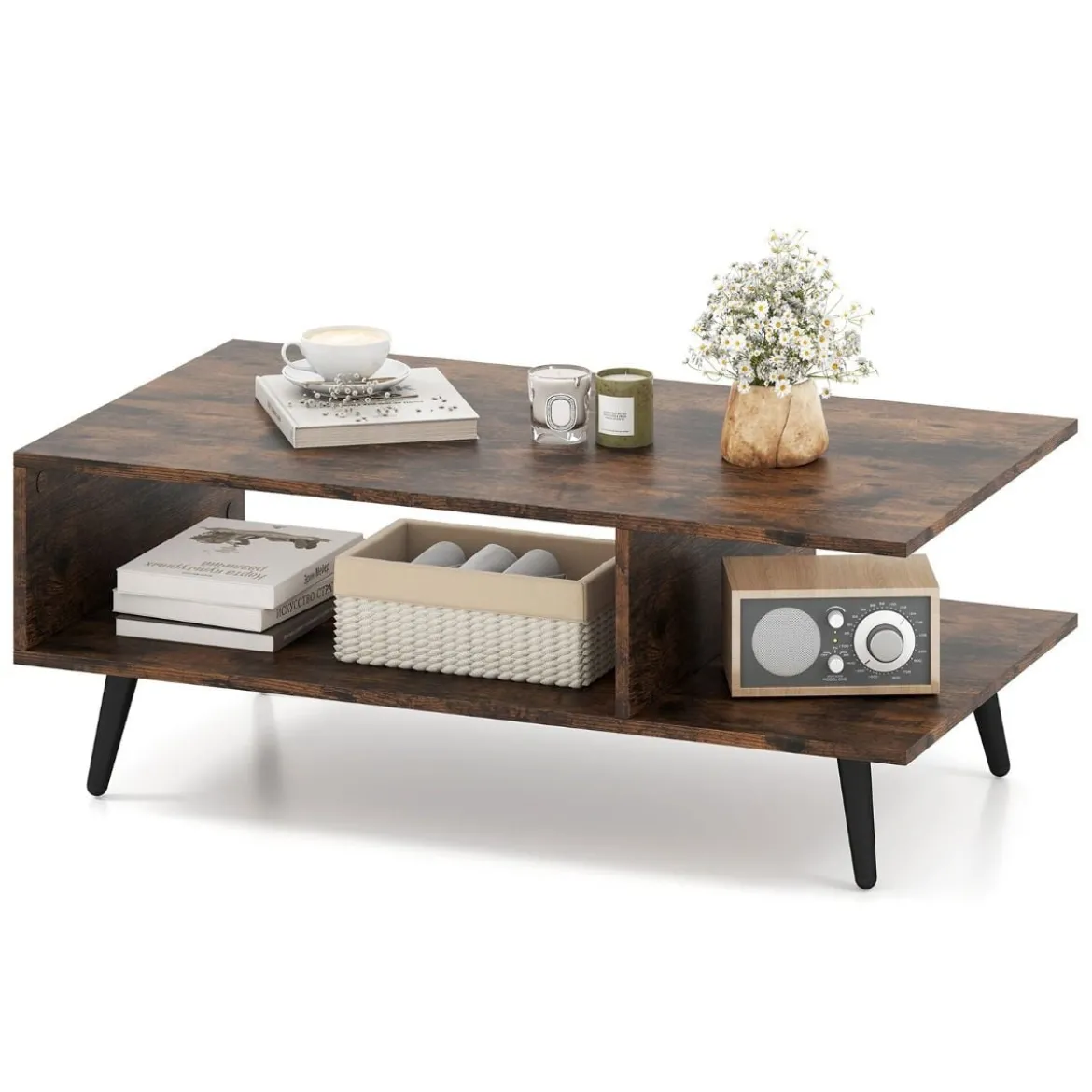 Couchtisch mit Stauraum 2 stufiger Wohnzimmertisch mit offenem Regal & Metallbeinen Beistelltisch aus Holz 80 x 45 x 30 cm Braun