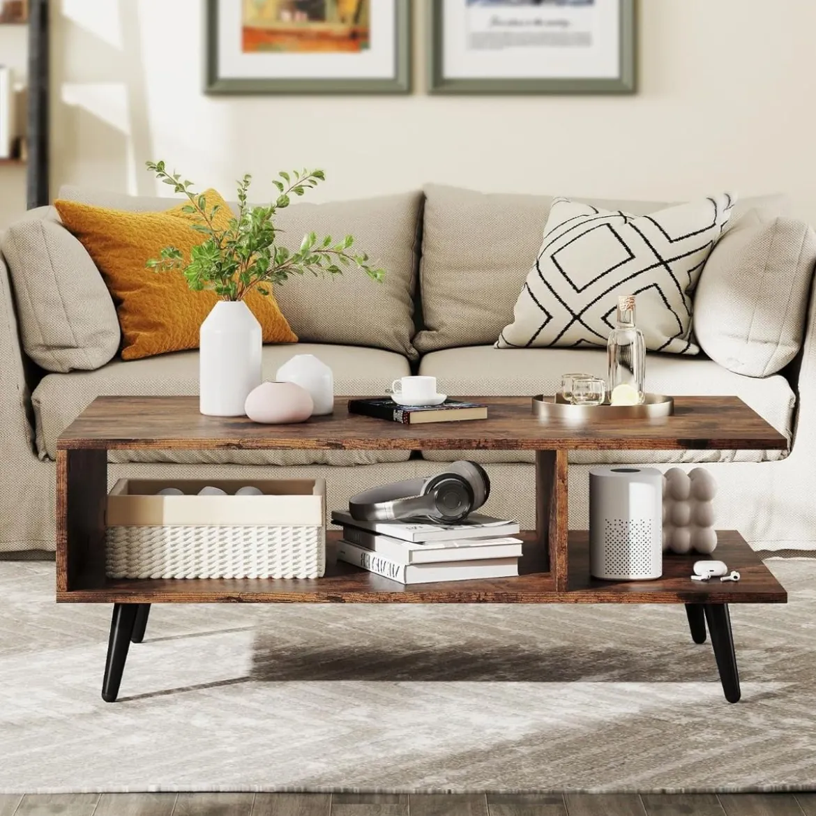 Couchtisch mit Stauraum 2 stufiger Wohnzimmertisch mit offenem Regal & Metallbeinen Beistelltisch aus Holz 80 x 45 x 30 cm Braun