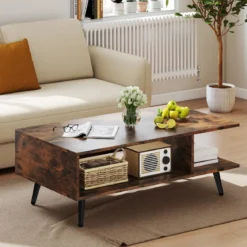 Couchtisch mit Stauraum 2 stufiger Wohnzimmertisch mit offenem Regal & Metallbeinen Beistelltisch aus Holz 80 x 45 x 30 cm Braun