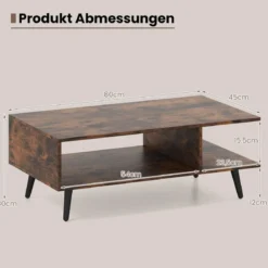 Couchtisch mit Stauraum 2 stufiger Wohnzimmertisch mit offenem Regal & Metallbeinen Beistelltisch aus Holz 80 x 45 x 30 cm Braun