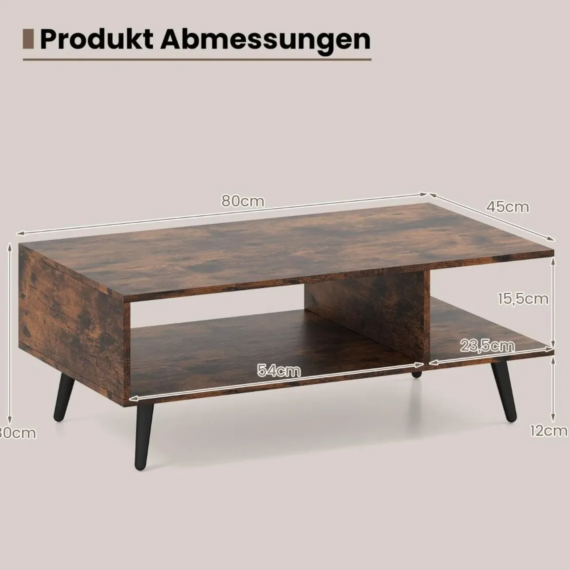 Couchtisch mit Stauraum 2 stufiger Wohnzimmertisch mit offenem Regal & Metallbeinen Beistelltisch aus Holz 80 x 45 x 30 cm Braun
