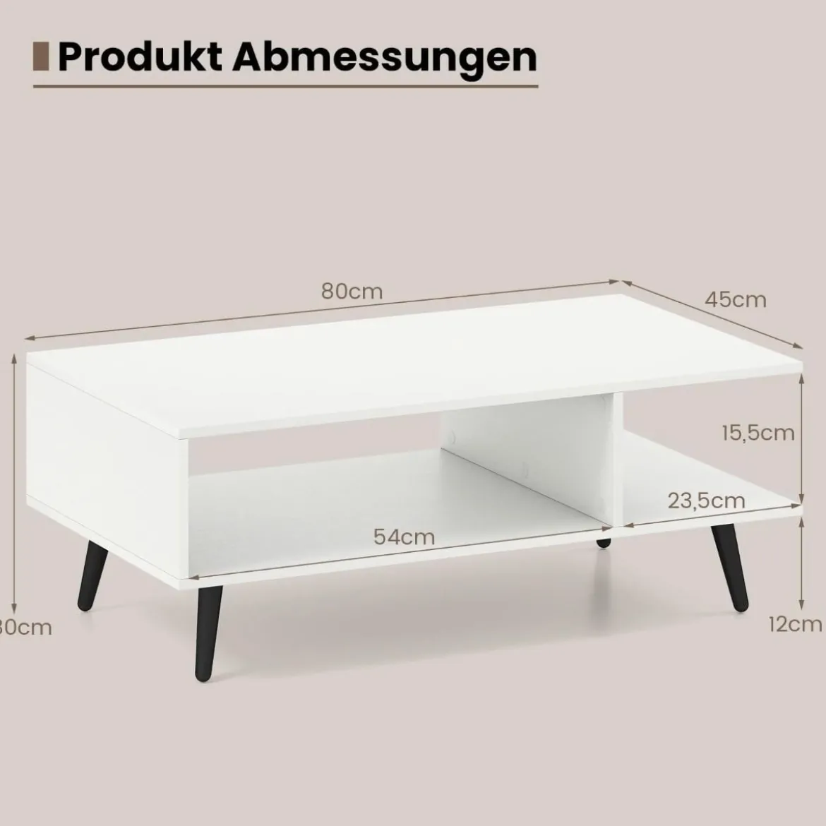 Couchtisch mit Stauraum 2 stufiger Wohnzimmertisch mit offenem Regal & Metallbeinen Beistelltisch aus Holz 80 x 45 x 30 cm Weiß
