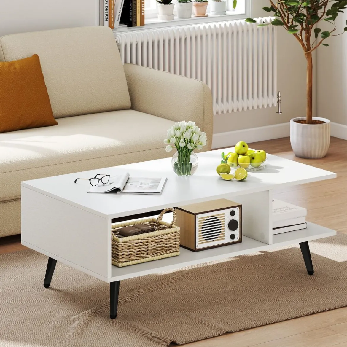 Couchtisch mit Stauraum 2 stufiger Wohnzimmertisch mit offenem Regal & Metallbeinen Beistelltisch aus Holz 80 x 45 x 30 cm Weiß