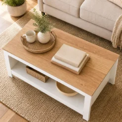 Couchtisch mit Stauraum 2-stufiger Wohnzimmertisch 105 x 60 x 46 cm Weiß
