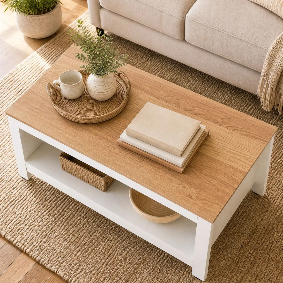 Couchtisch mit Stauraum 2-stufiger Wohnzimmertisch 105 x 60 x 46 cm Weiß