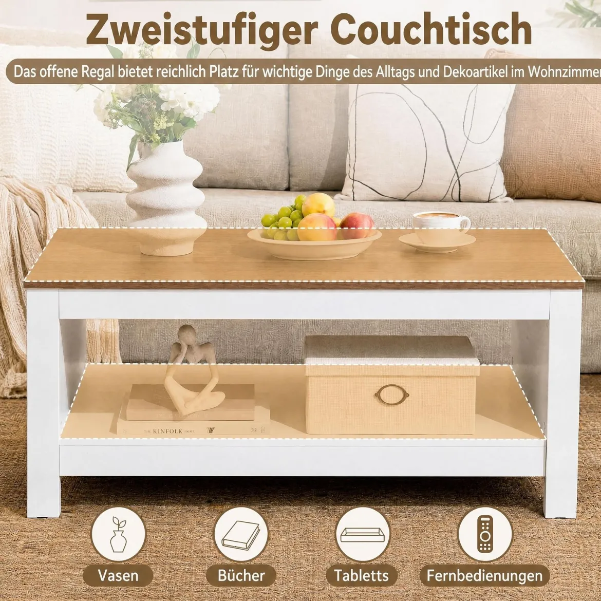 Couchtisch mit Stauraum 2-stufiger Wohnzimmertisch 105 x 60 x 46 cm Weiß