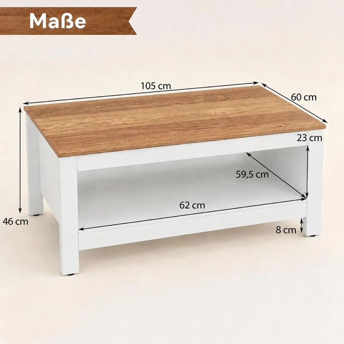 Couchtisch mit Stauraum 2-stufiger Wohnzimmertisch 105 x 60 x 46 cm Weiß