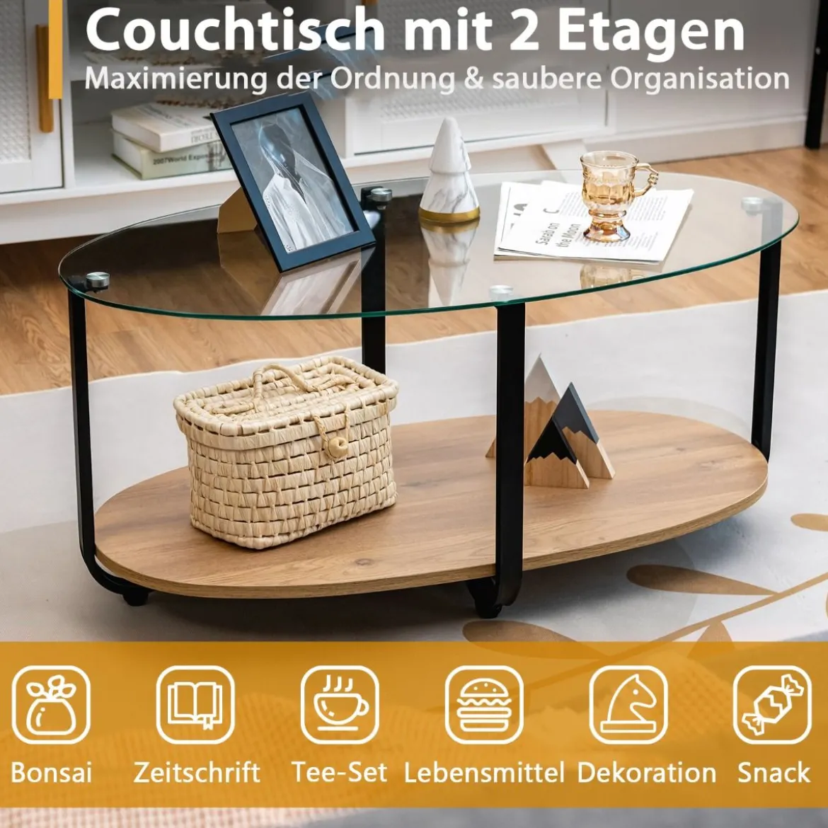 Couchtisch mit Tischplatte aus gehärtetem Glas & wasserdichtem Holzregal Natur