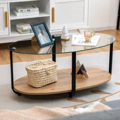 Couchtisch mit Tischplatte aus gehärtetem Glas & wasserdichtem Holzregal Natur