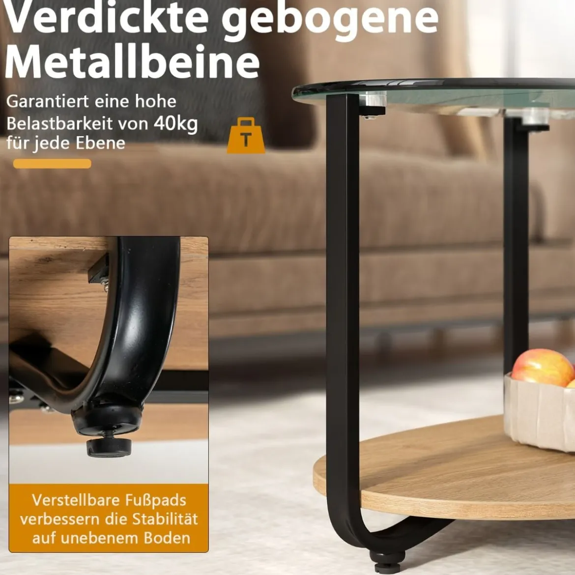 Couchtisch mit Tischplatte aus gehärtetem Glas & wasserdichtem Holzregal Natur