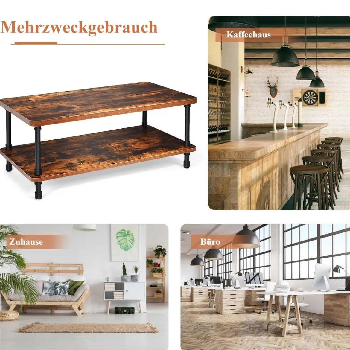 Couchtisch Nostalgie Sofatisch mit dicker Tischplatte 110 x 60 x 45 cm Braun