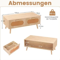 Couchtisch Rattan Wohnzimmertisch mit 2 Schubladen Kaffeetisch 100 x 50 x 41 cm Natur