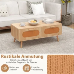 Couchtisch Rattan Wohnzimmertisch mit 2 Schubladen Kaffeetisch 100 x 50 x 41 cm Natur