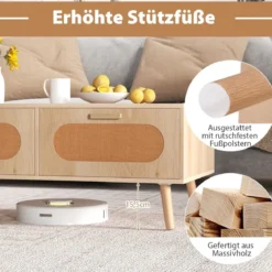 Couchtisch Rattan Wohnzimmertisch mit 2 Schubladen Kaffeetisch 100 x 50 x 41 cm Natur