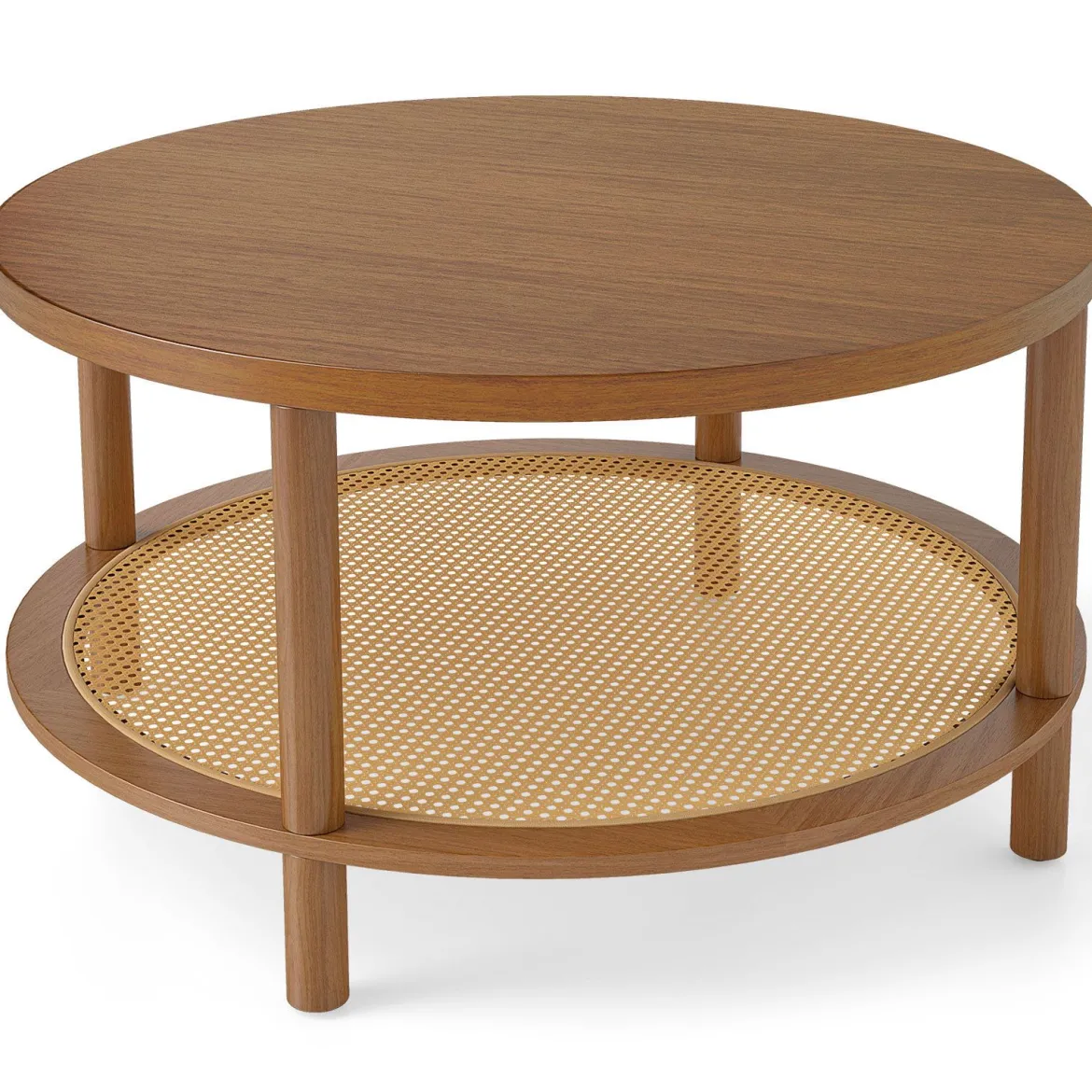 Couchtisch Rund Ø80 cm Wohnzimmertisch Holz mit Glasplatte PE-Rattan-Ablage & Massiven Holzbeinen